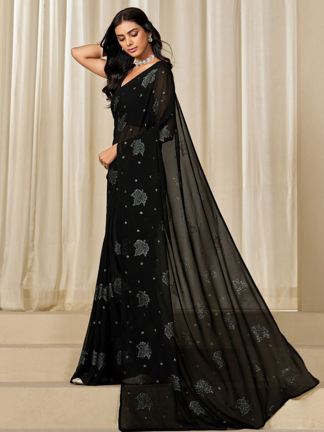 KALINI Georgette Zari Embellished Party Wear Saree With Unstitched Blouse Piece