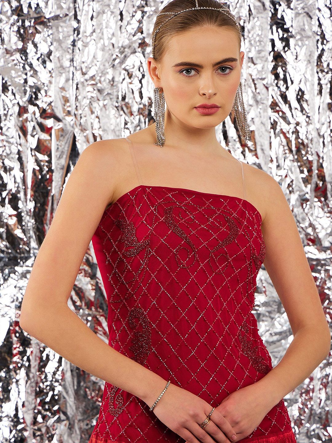 STREET 9 Red Embellished Fringed Strapless Net Sheath Dress