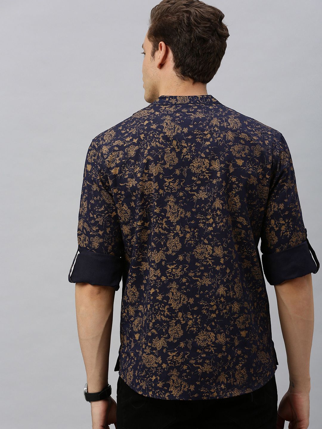 Anouk Men Navy Blue & Beige Floral Dicetak Lurus Pendek Kurta
