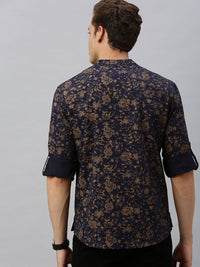 Anouk Men Navy Blue & Beige Floral Printed Straight Short Kurta