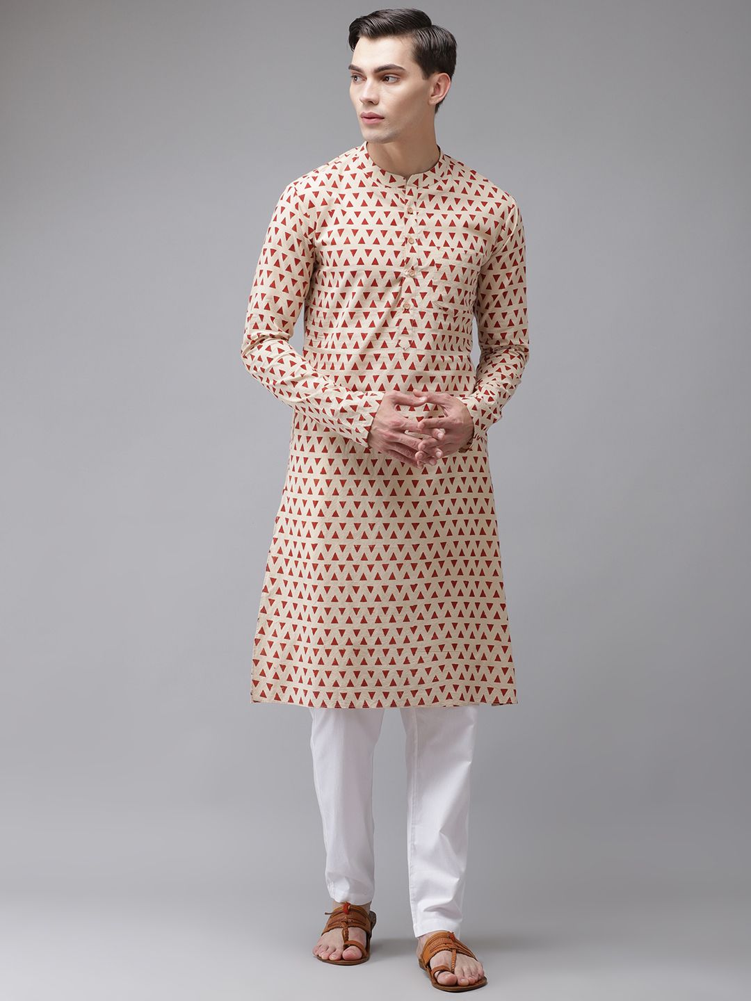 See Designs Men Beige Printed Regular Pure Cotton Kurta with Pyjamas