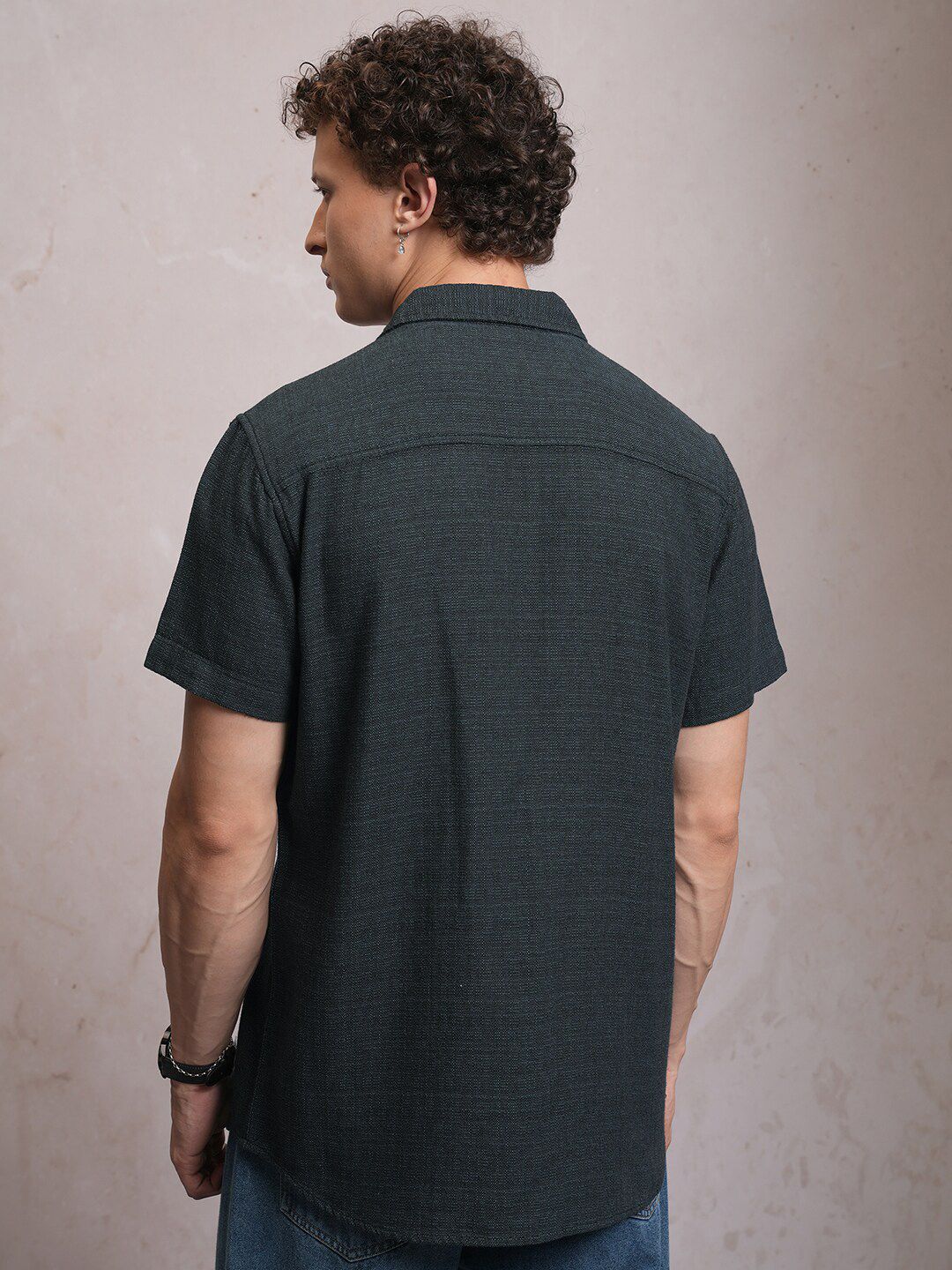 Locomotive Men Black Dobby Textured Checked Utility Pocket Regular Shirt