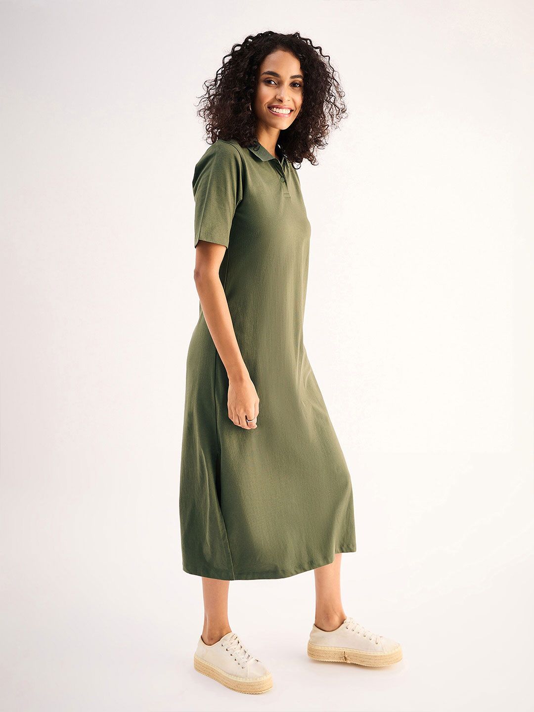 SASSAFRAS BASICS Olive Green Shirt Collar Oversized Cotton Midi A-Line Dress