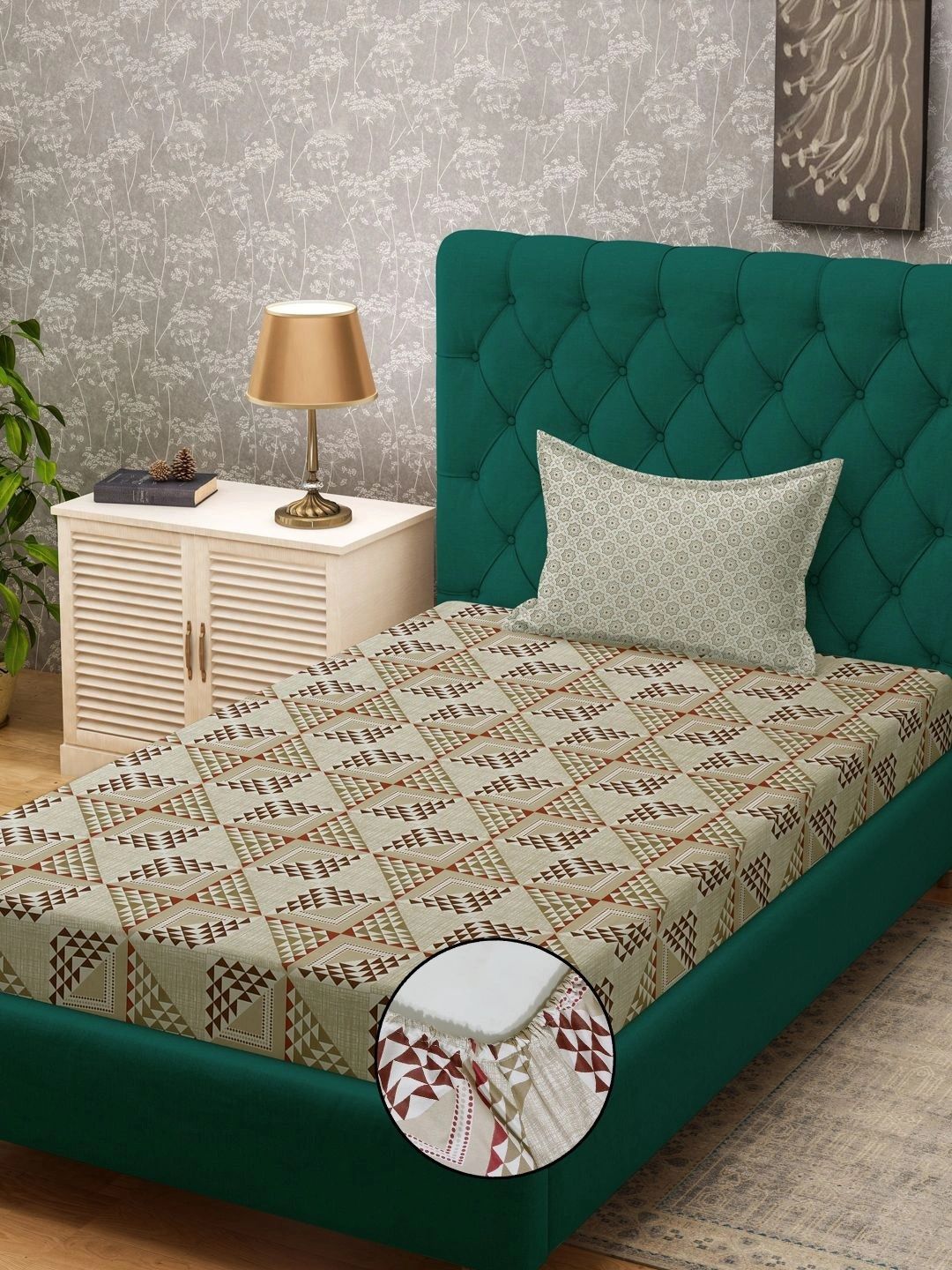 Myntra Elegant Homes Beige Geometric 400 TC Cadar Tempat Tidur Single dengan 1 Sarung Bantal