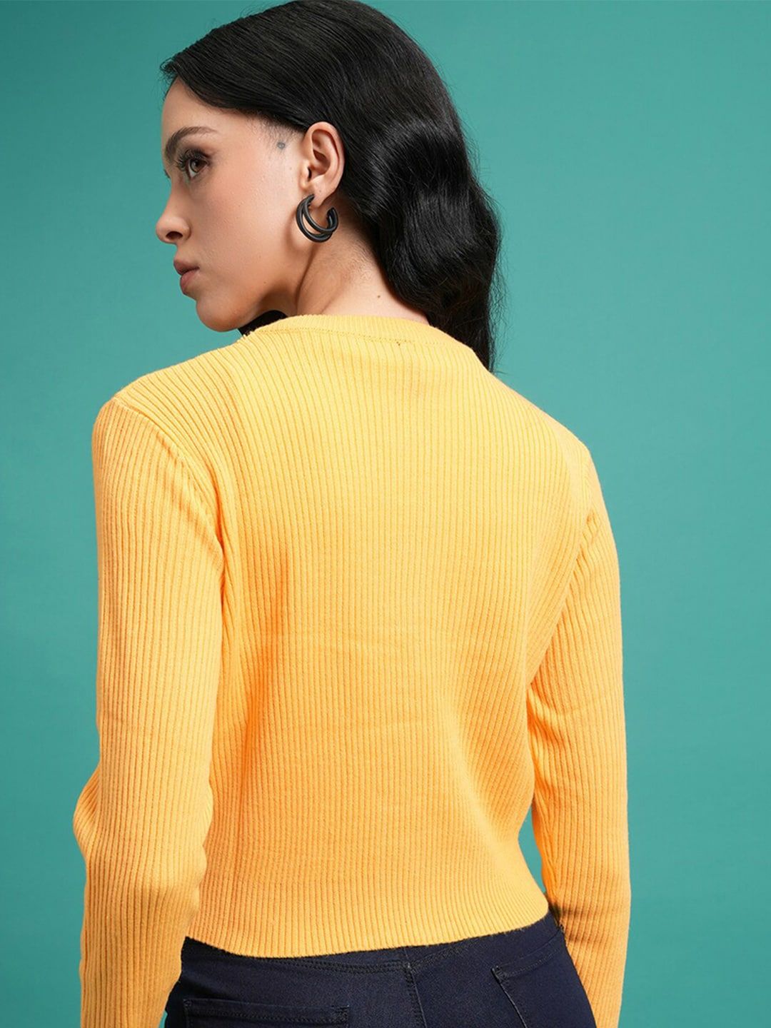 Tokyo Talkies Yellow Ribbed Acrylic Crop Cardigan Sweater