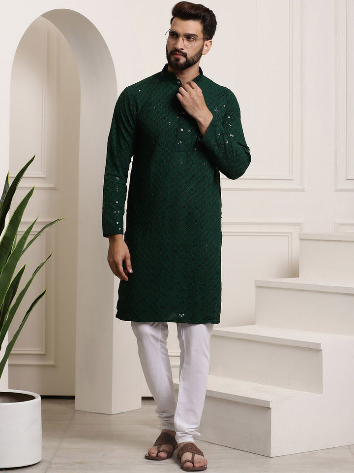 SOJANYA Mandarin Collar Sequins Embellished Pure Cotton Straight Kurta