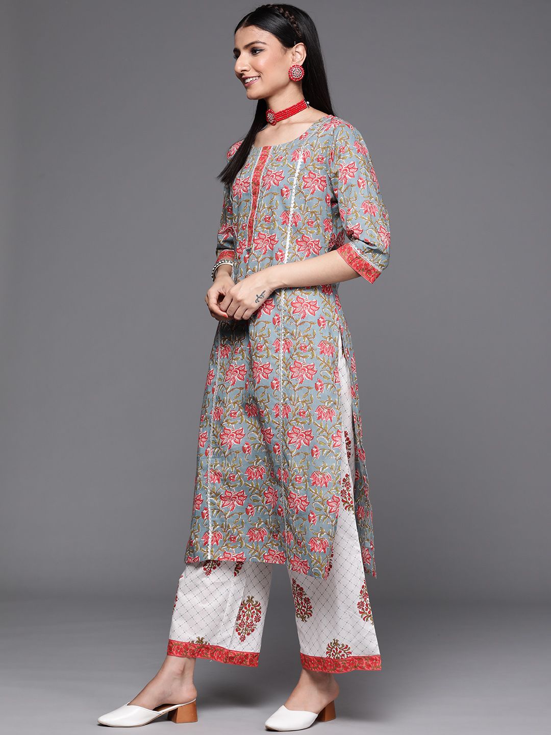 Libas Women Grey & Peach-coloured Floral Print Cotton Kurta Palazzos Dupatta