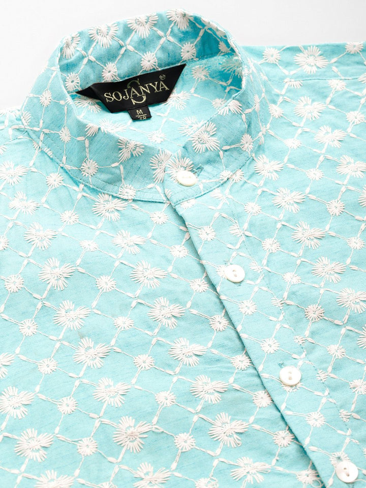 SOJANYA Lelaki Motif Etnik Biru Sulam Benang Kerja Kurta dengan Churidar