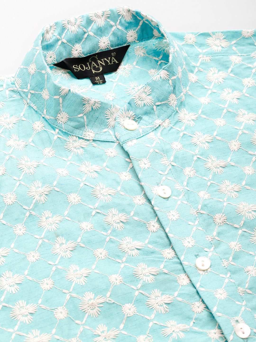SOJANYA Lelaki Motif Etnik Biru Sulam Benang Kerja Kurta dengan Churidar
