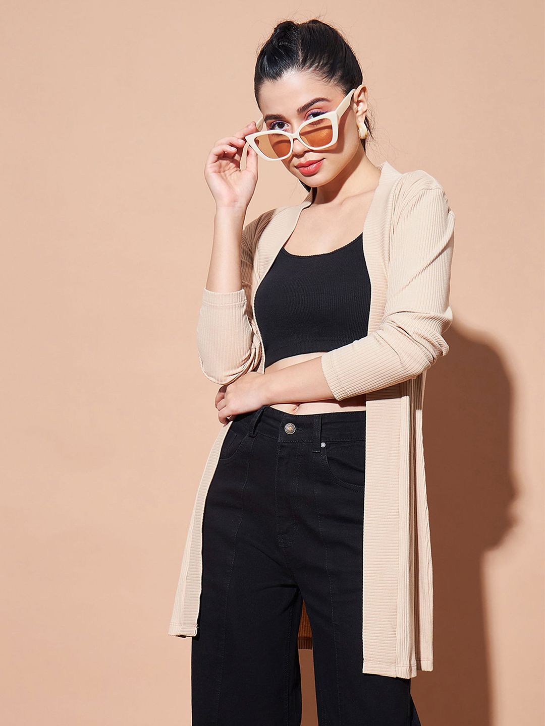 SASSAFRAS BASICS Women Ribbed Open Front Longline Shrug