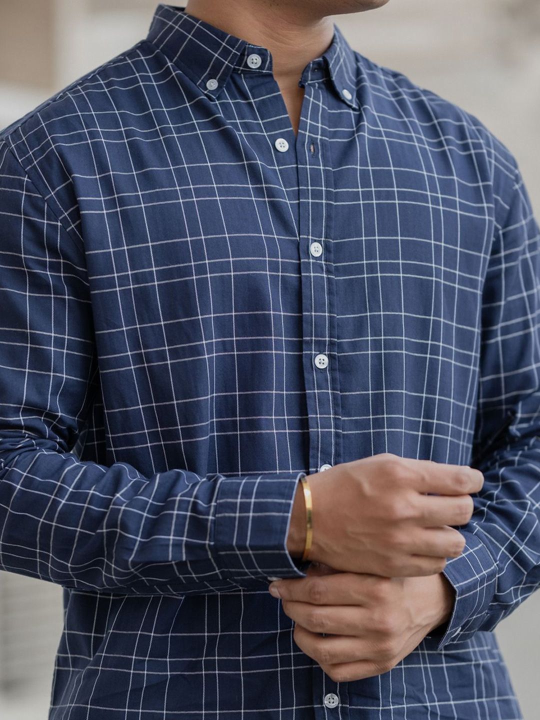 Powerlook Men Button-Down Collar Tartan Checked Cotton Casual Shirt