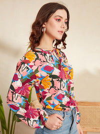 Berrylush Floral Printed Tie-Up Neck Top