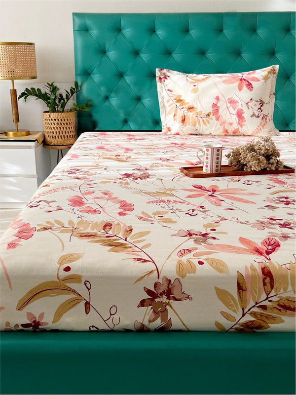 URBAN SPACE Serene Peach-Coloured Floral Cotton 200 TC Single Bedsheet with 1 Pillow Cover