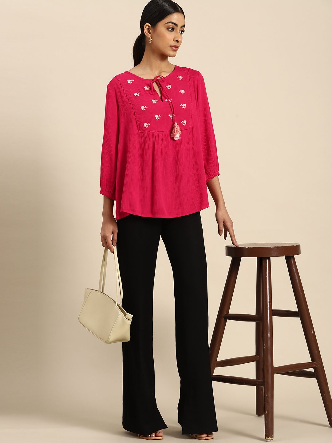 all about you Floral Embroidered Tie-Up Neck Top
