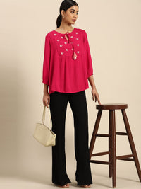 all about you Floral Embroidered Tie-Up Neck Top