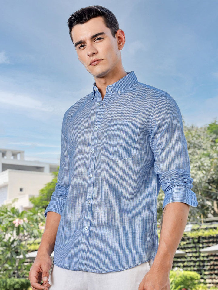 Thomas Scott Men Premium Regular Fit Vertical Striped Linen Casual Shirt