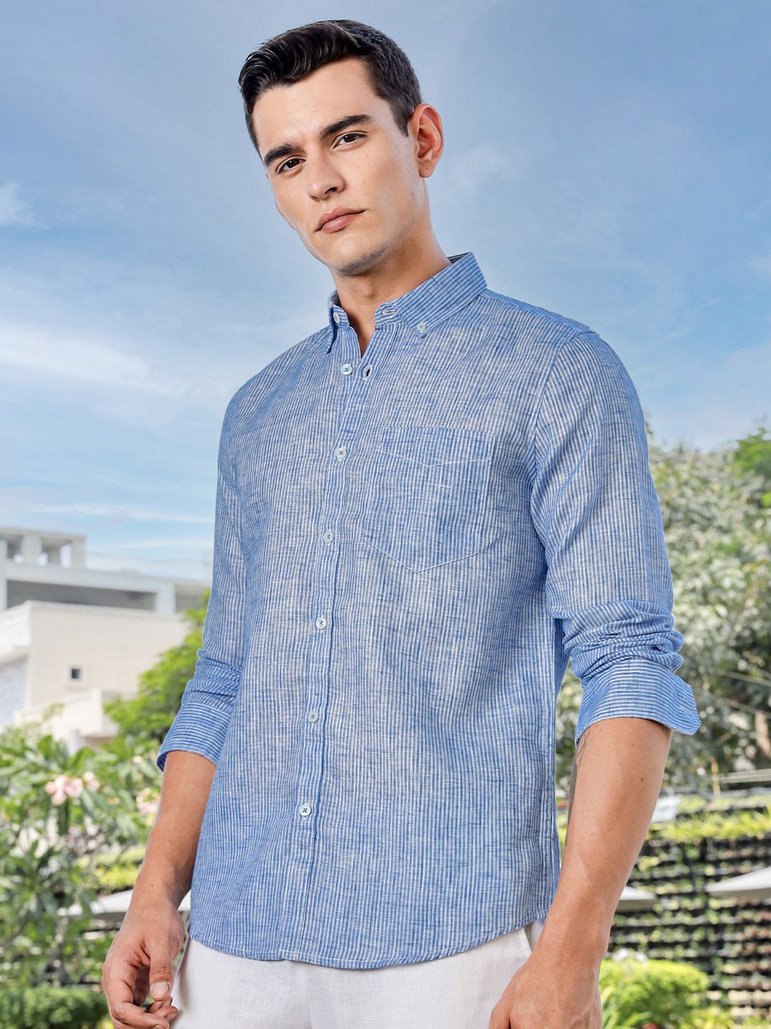Thomas Scott Men Premium Regular Fit Vertical Striped Linen Casual Shirt
