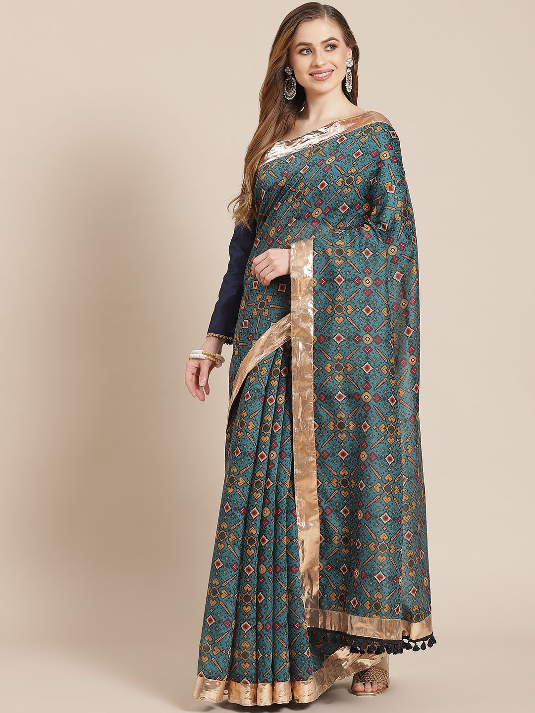 Shae by SASSAFRAS Teal Green & Maroon Ethnic Motifs Print Gotta Patti Patola Saree