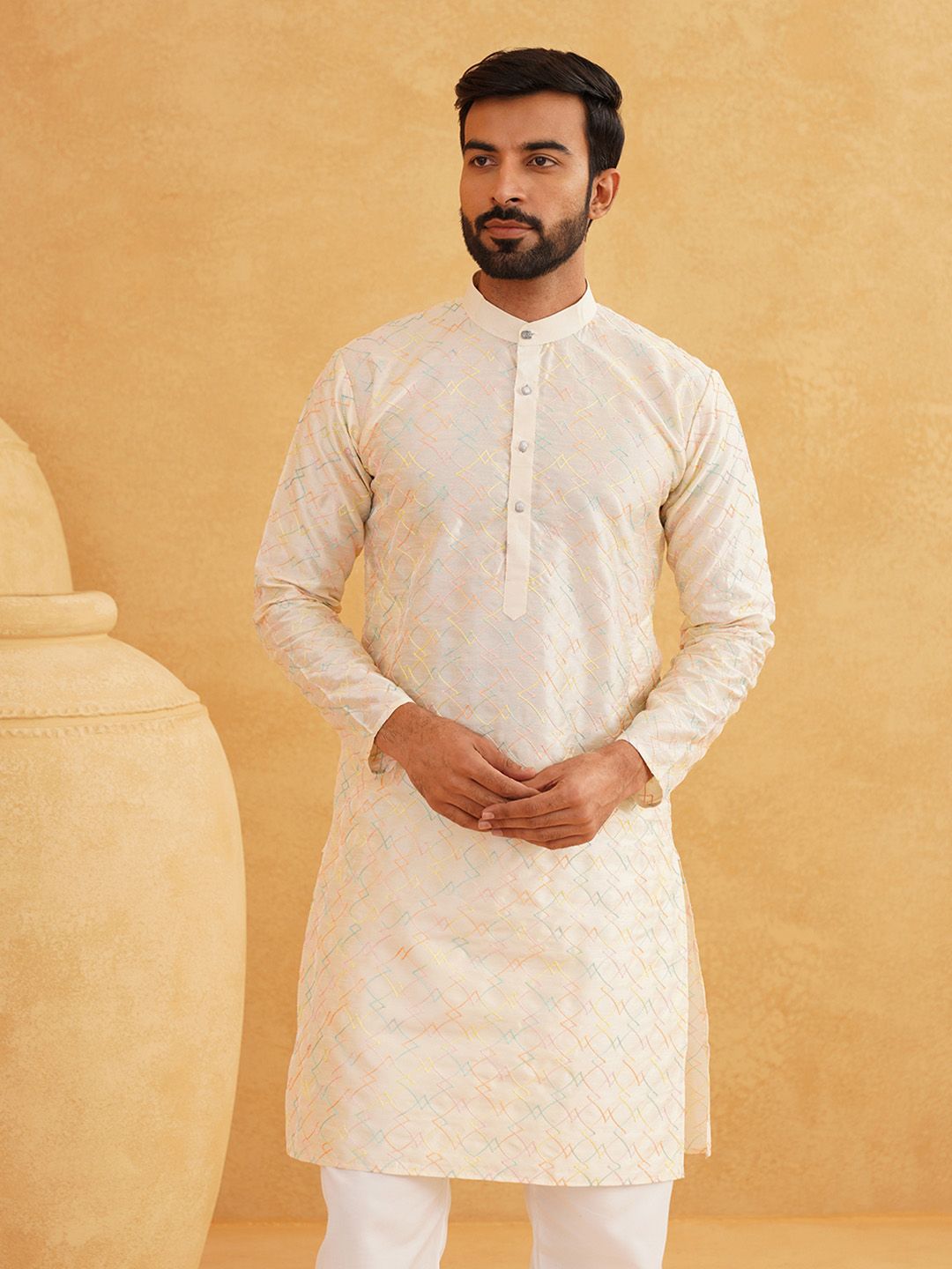 SOJANYA Embroidered Thread Work Silk Cotton Kurta with Churidar