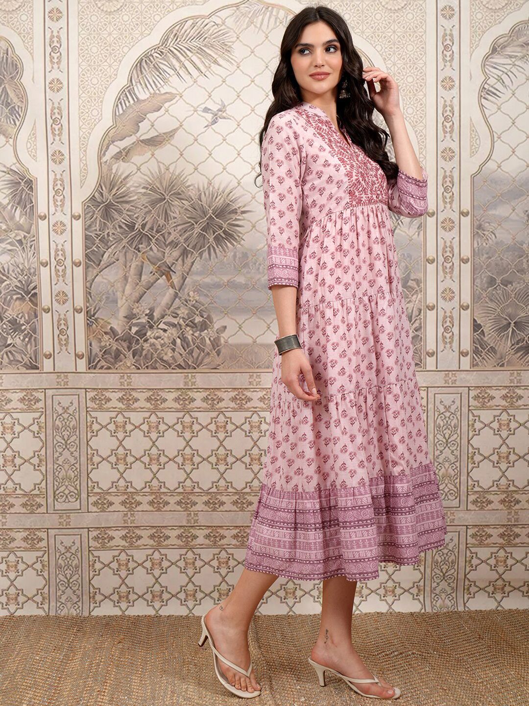 Vishudh Pink Ethnic Motifs Printed Mandarin Collar Fit and Flare Midi Ethnic Dress