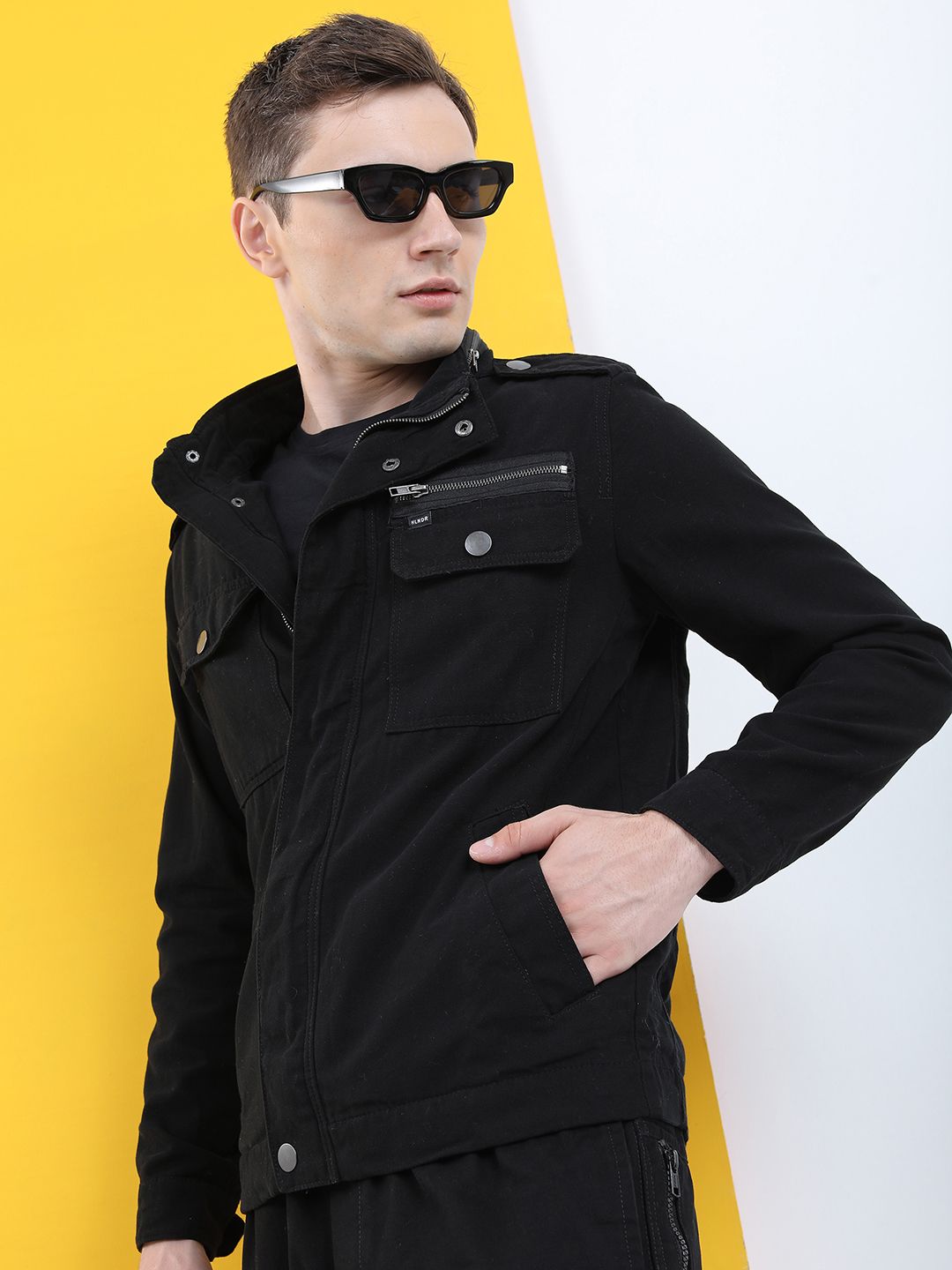 HIGHLANDER Men Black Geometric Colourblocked Tailored Jacket