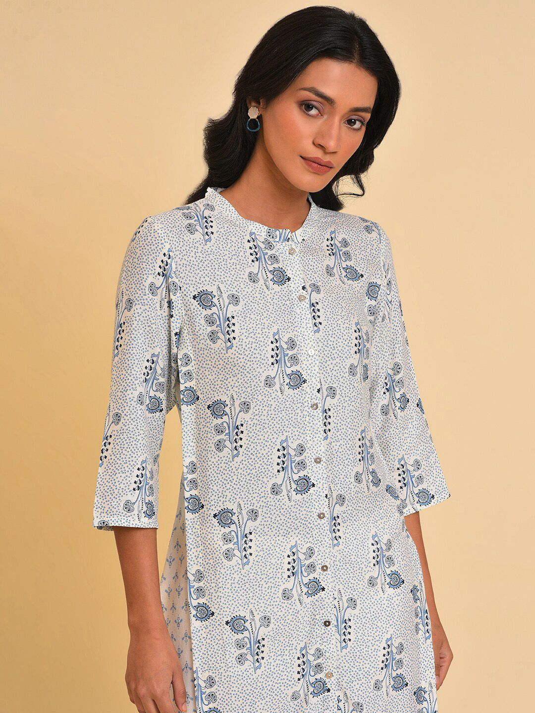 W White & Blue Ethnic Motifs Printed A-Line Kurta