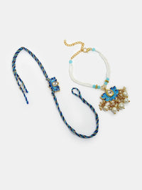 NVR Set of 2 Lotus Stone-Studded & Beaded Bhaiya Bhabhi Rakhi with Roli Chawal