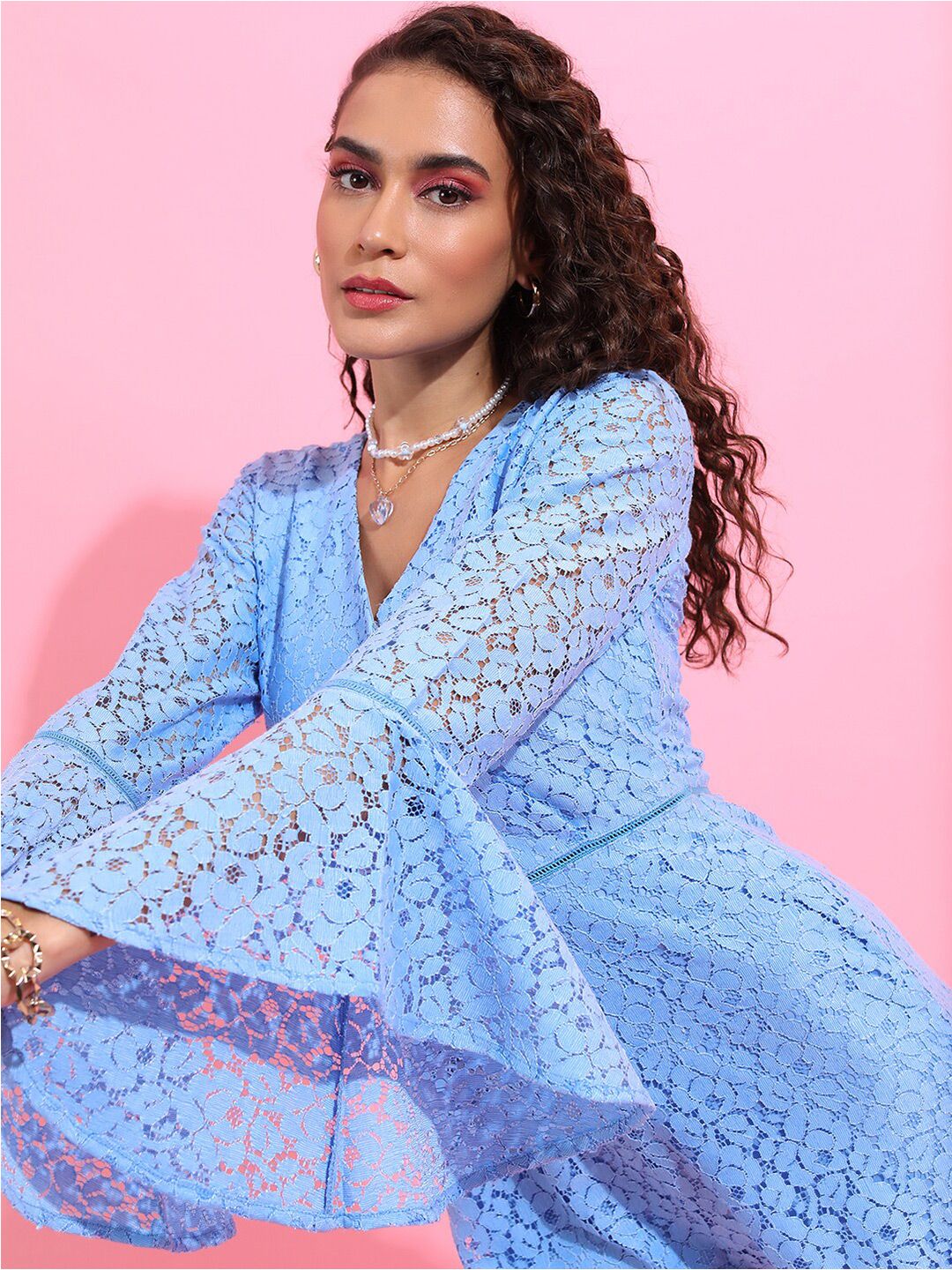 Tokyo Talkies Blue Self Design V-Neck Playsuit