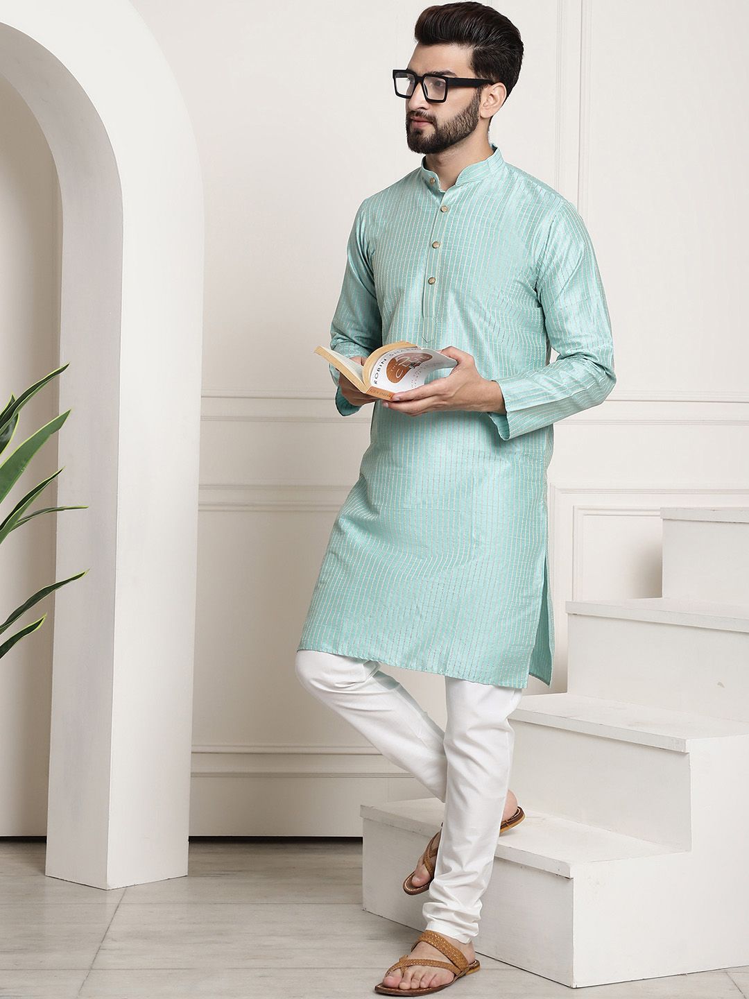 SOJANYA Striped Band Collar Straight Kurta