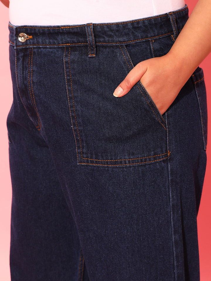 CURVY STREET Women Plus Size Blue Wide Leg Pure Cotton Jeans