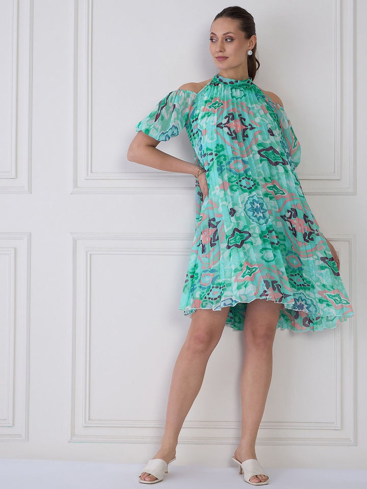 Antheaa Sea Blue Floral Print Halter Neck Pleated A-Line Dress