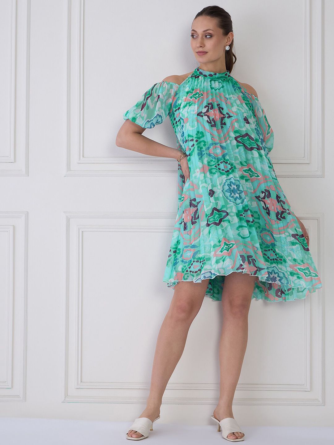 Antheaa Sea Blue Floral Print Halter Neck Pleated A-Line Dress