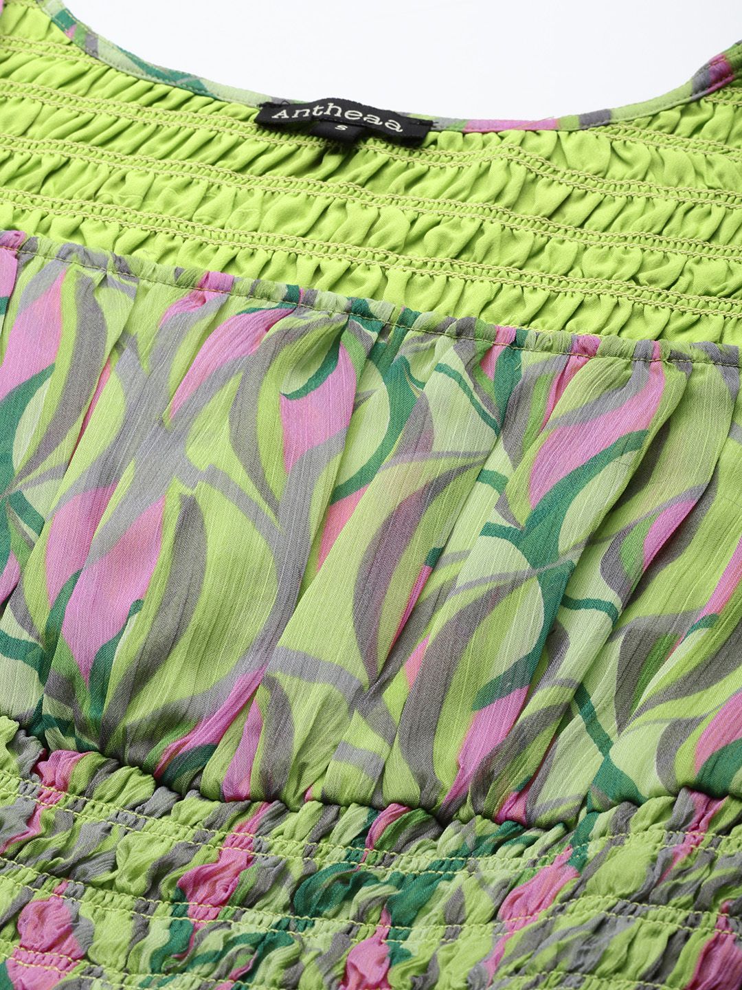Antheaa Green & Pink Chiffon Geometric Print Tiered Dress