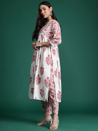 Indo Era Women Floral Printed Empire Pure Cotton Kurta with Trousers