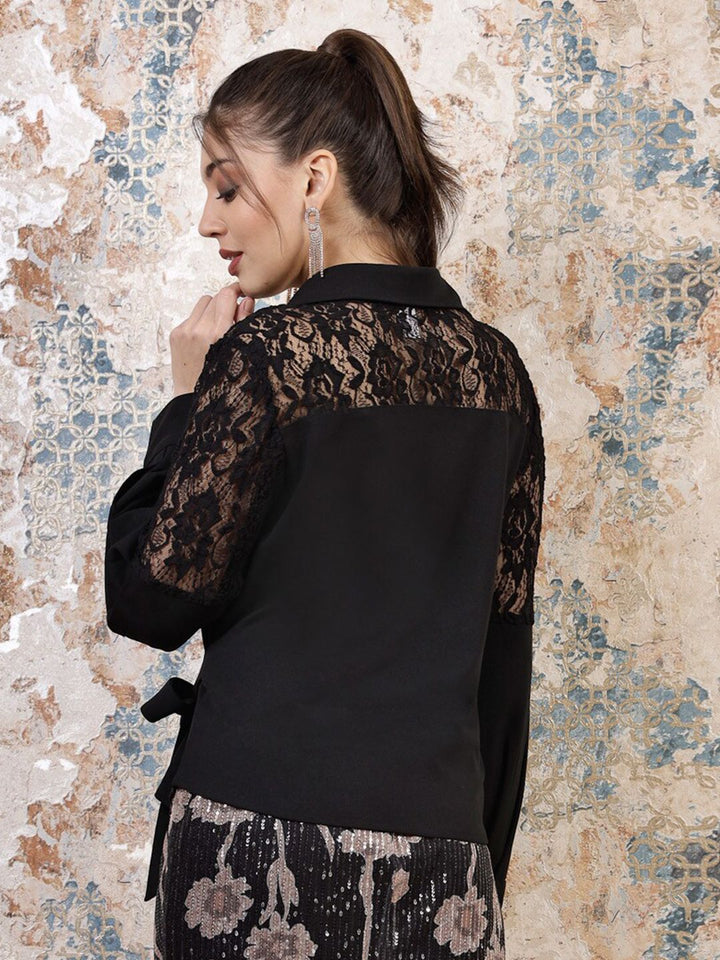Athena Black Cuffed Sleeves Lace Inserts Shirt Style Top