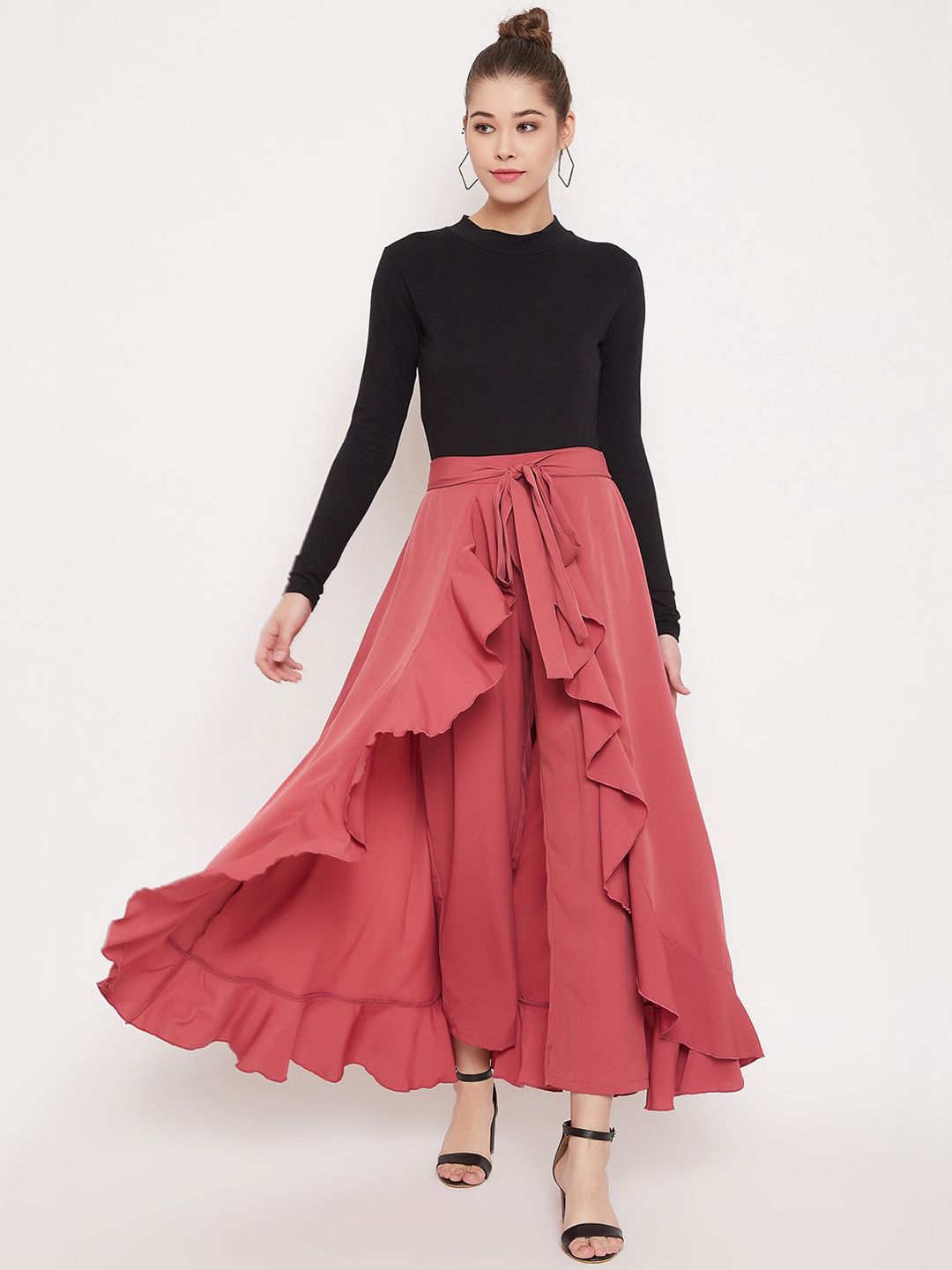 Berrylush Women Pink Solid Wrap Maxi Skirt With Pants