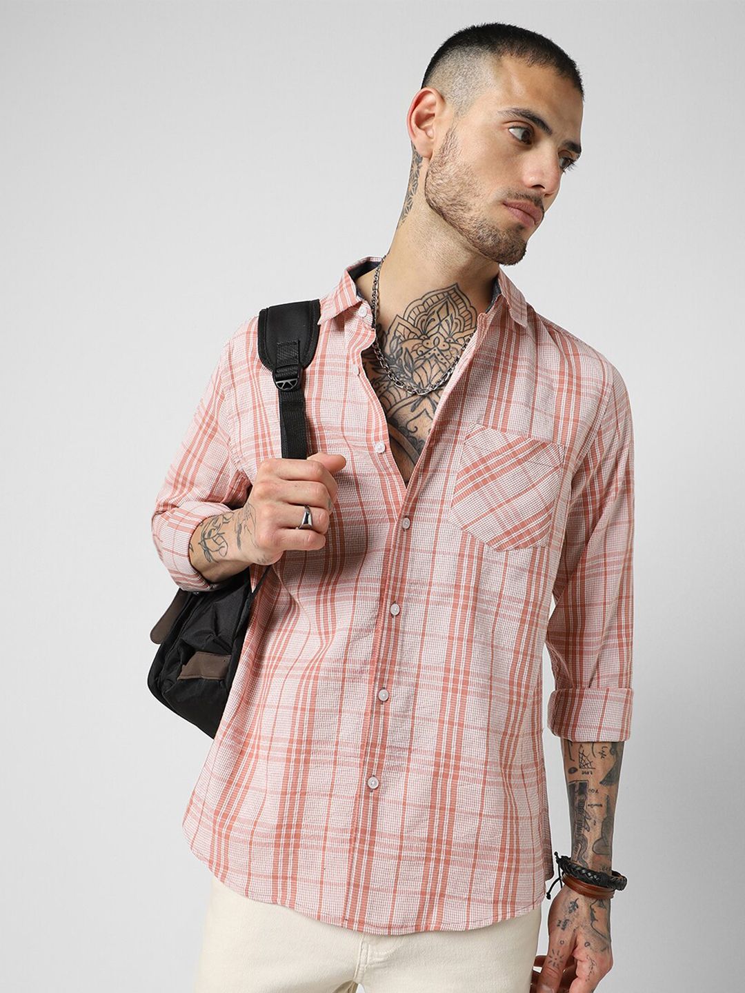 VASTRADO Slim Fit Tartan Checked Spread Collar Cotton Casual Shirt
