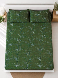 KLOTTHE Green Floral 300 TC King Bedsheet with 2 Pillow Covers