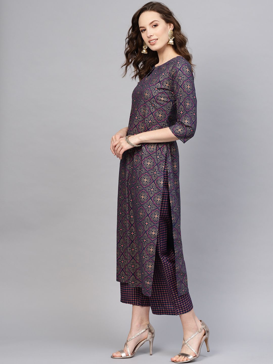 Indo Era Midnight Blue Foil Print Persian Mandala Pure Cotton Kurta Set