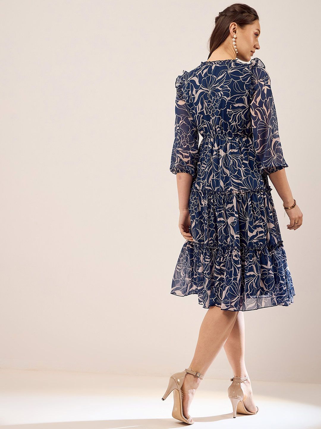 Antheaa Blue Floral Print Tie-Up Neck Cuffed Sleeves Chiffon Fit & Flare Dress