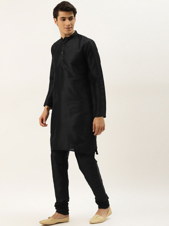 SOJANYA Men Black & Grey Jacquard Woven Design Kurta with Churidar & Nehru Jacket