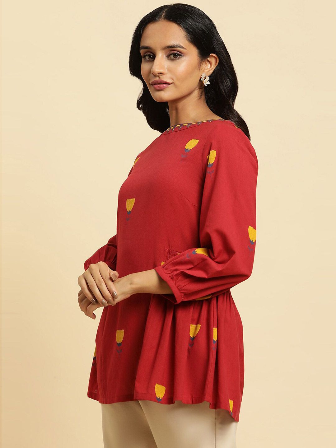 W Red Floral Printed Puffed Sleeves Smocking Pure Cotton Peplum Top