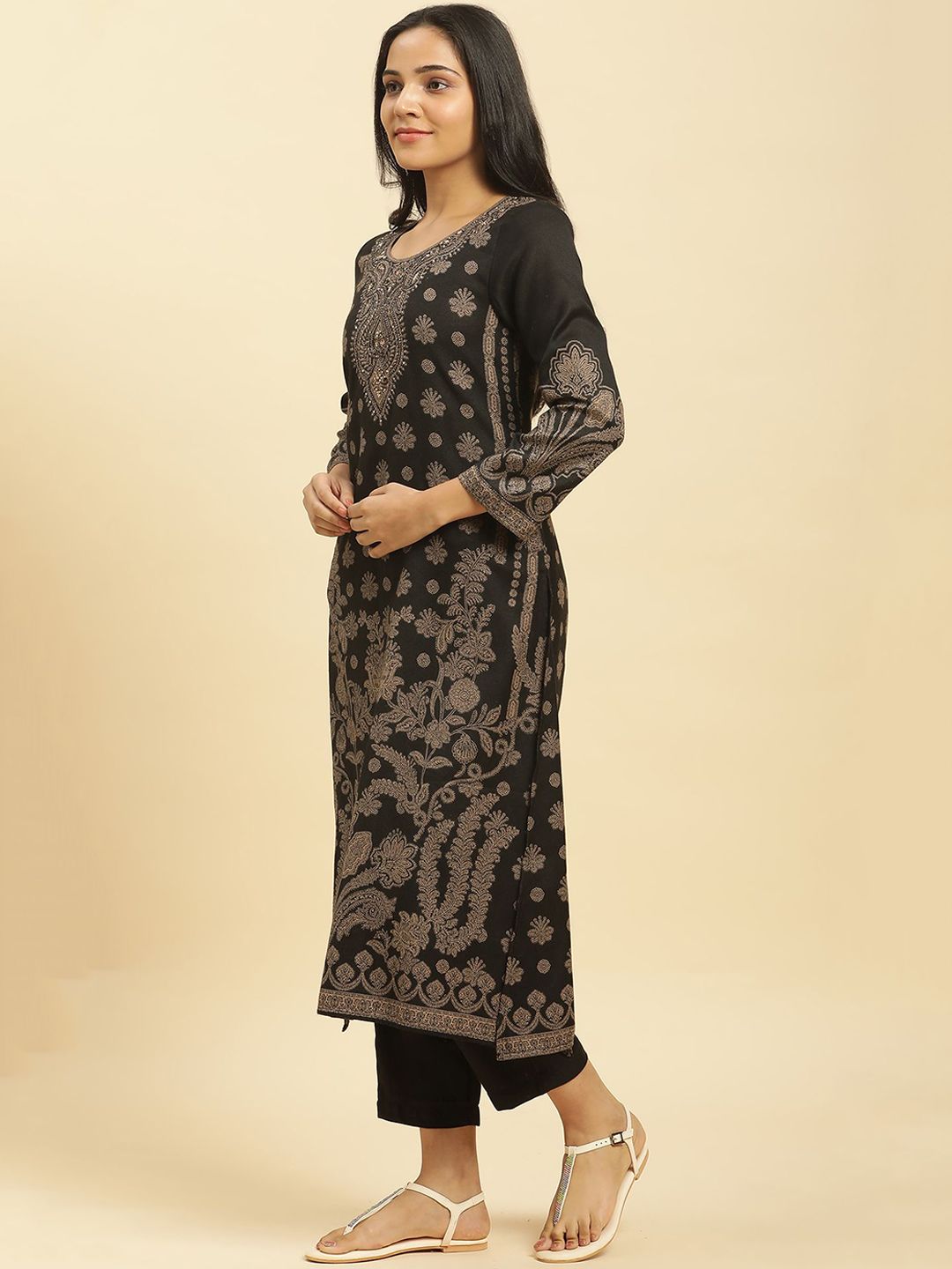 W Black Floral Woven Design Regular Sequinned Straight Kurta With Trouser With Dupatta