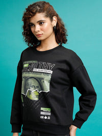 Tokyo Talkies Black Graphic Printed Round Neck Oversized Pullover Sweatshirt