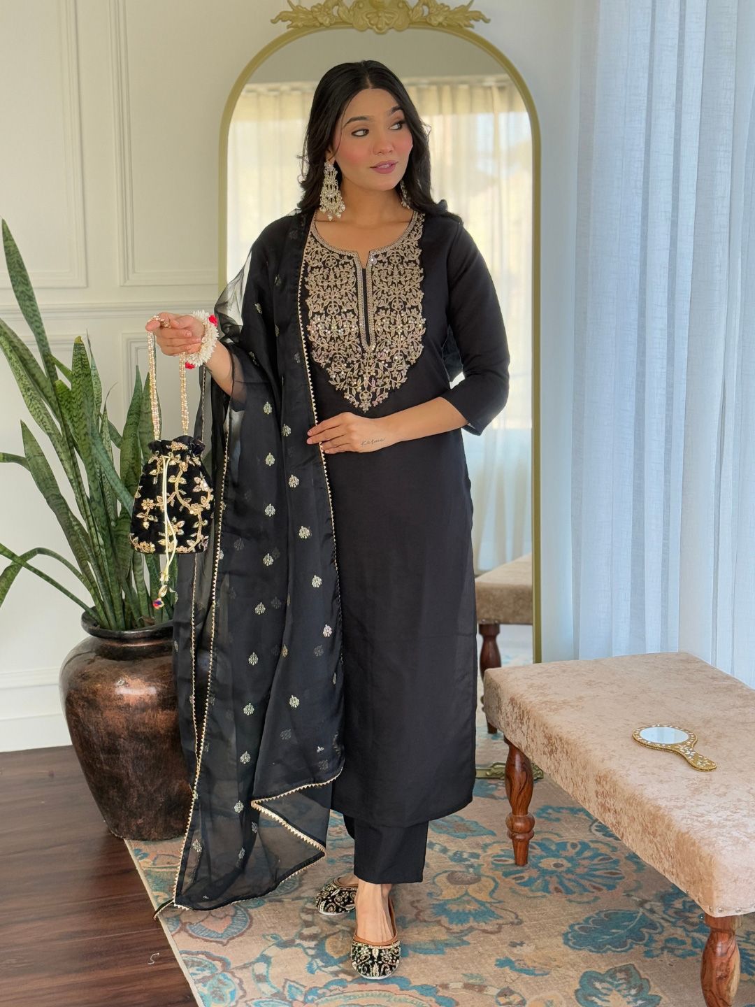 KALINI Floral Embroidered Sequinned Straight Kurta With Trousers & Dupatta