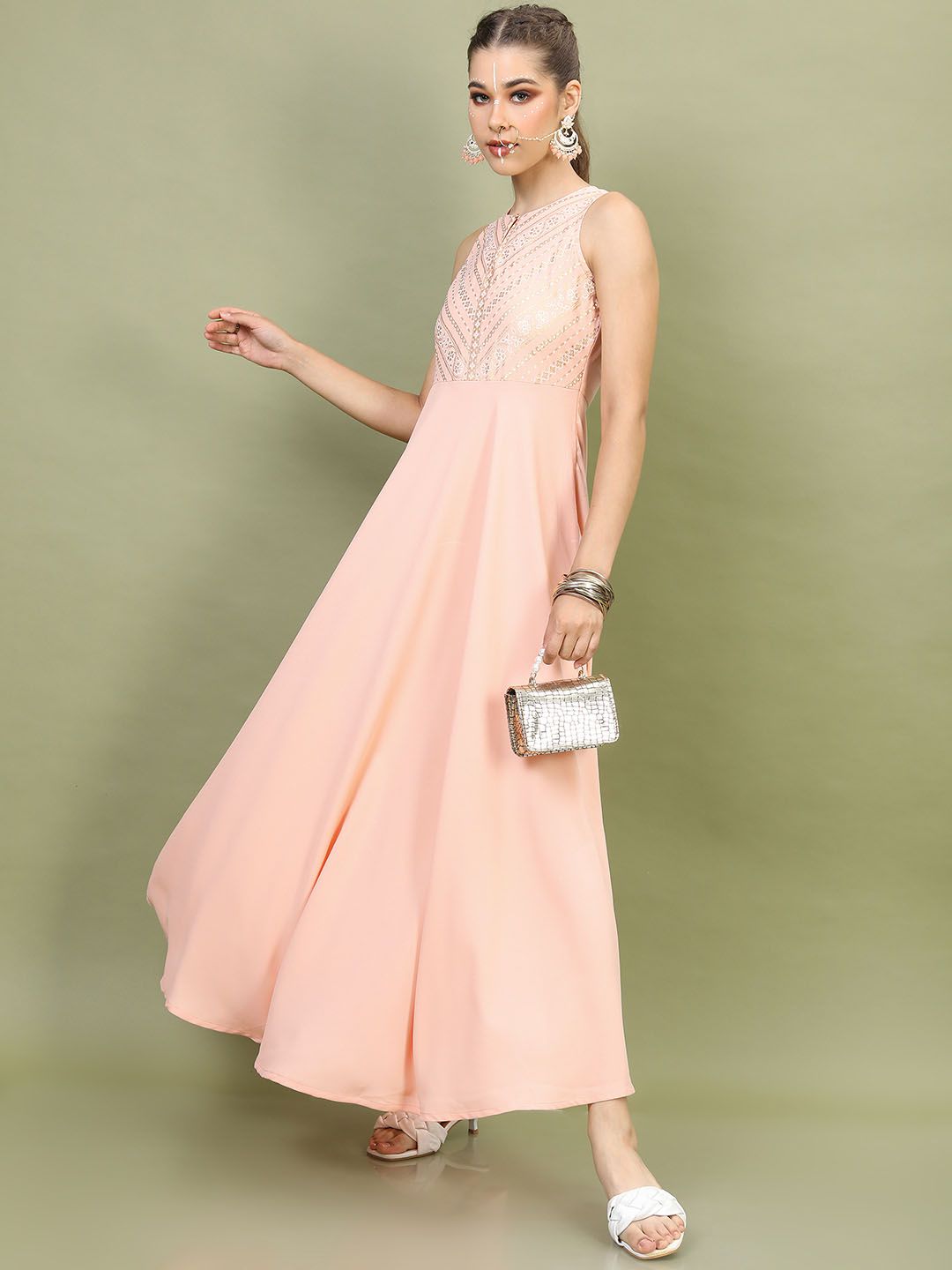 Vishudh Women Printed Peach Maxi Dress