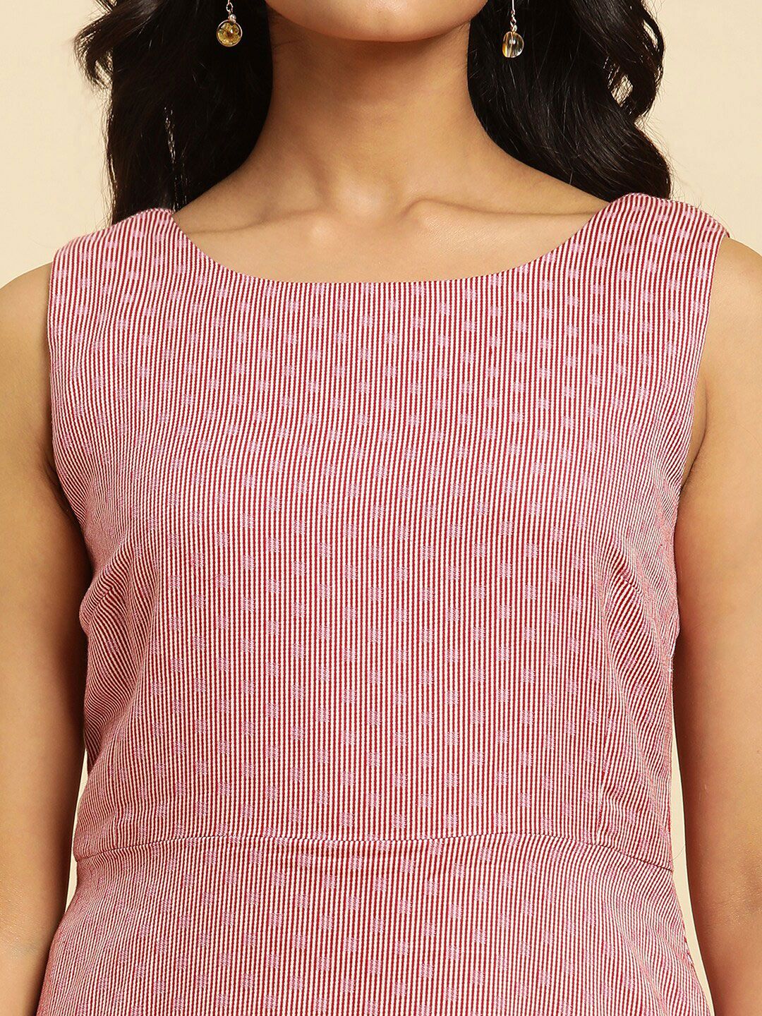W Pink Round Neck Striped Cotton A-Line Midi Dress