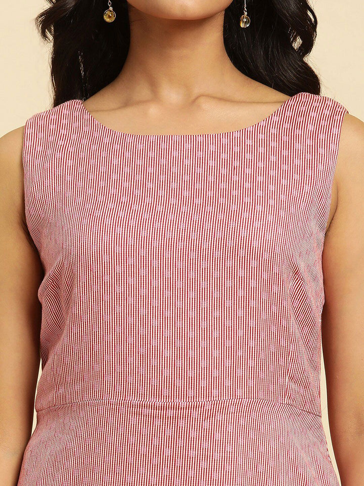 W Pink Round Neck Striped Cotton A-Line Midi Dress