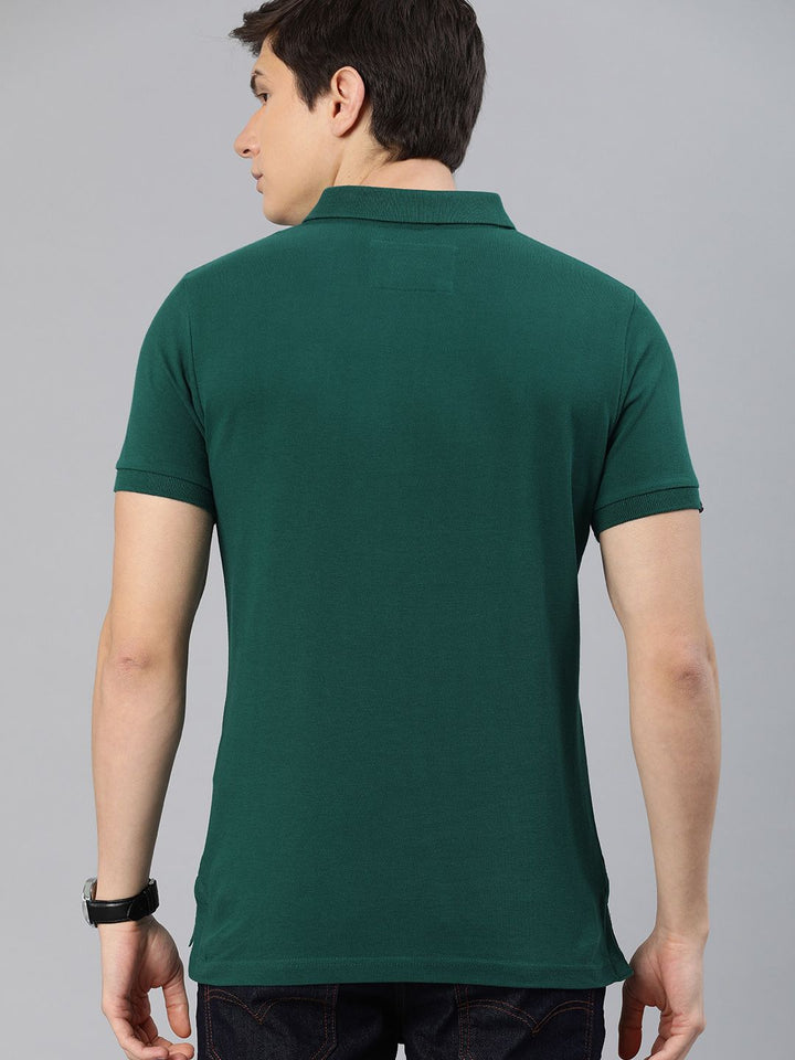 THE BEAR HOUSE Men Green Solid Slim Fit Polo Collar Pure Cotton T-shirt
