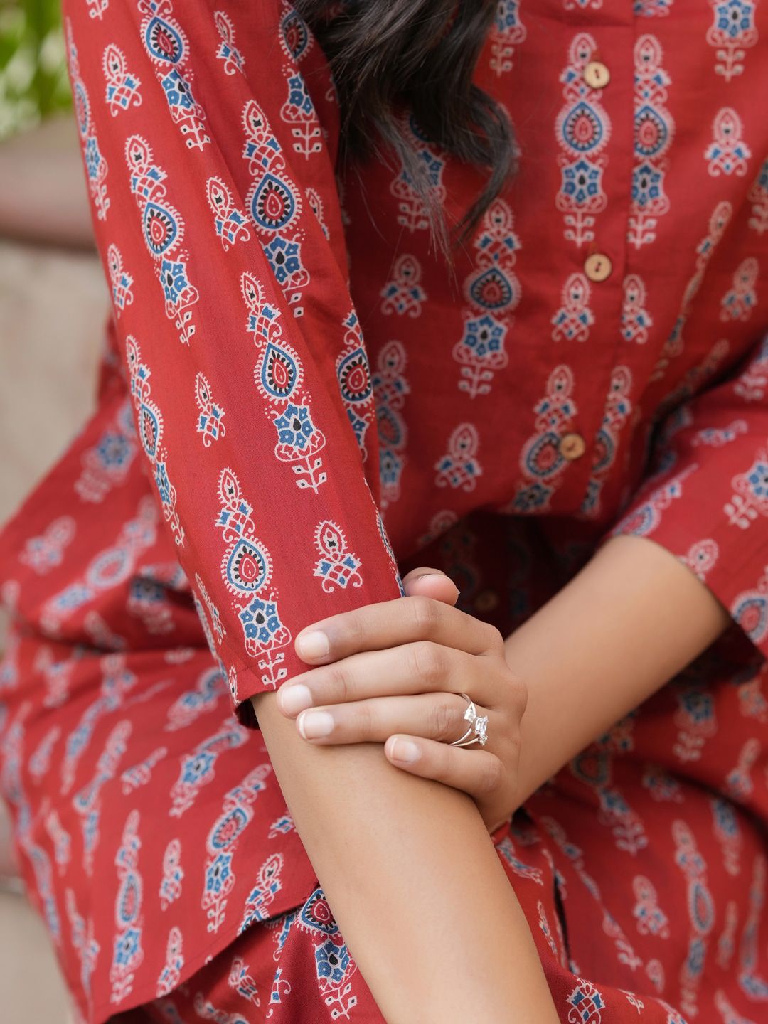 SANSKRUTIHOMES Red Printed Longline Pure Cotton Shirt with Lounge Pants